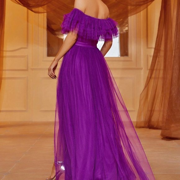 Purple Preppy Womens Off Shoulder Ruffle Trim Split Thigh Mesh Dress - Picture 2 of 5